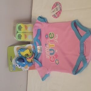 NWT girls onsie  booties and rattle.